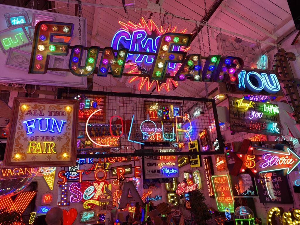 a store front at night