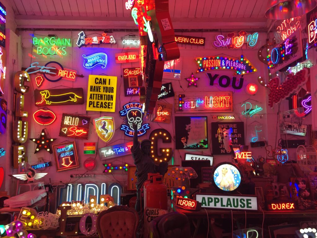 a store front at night