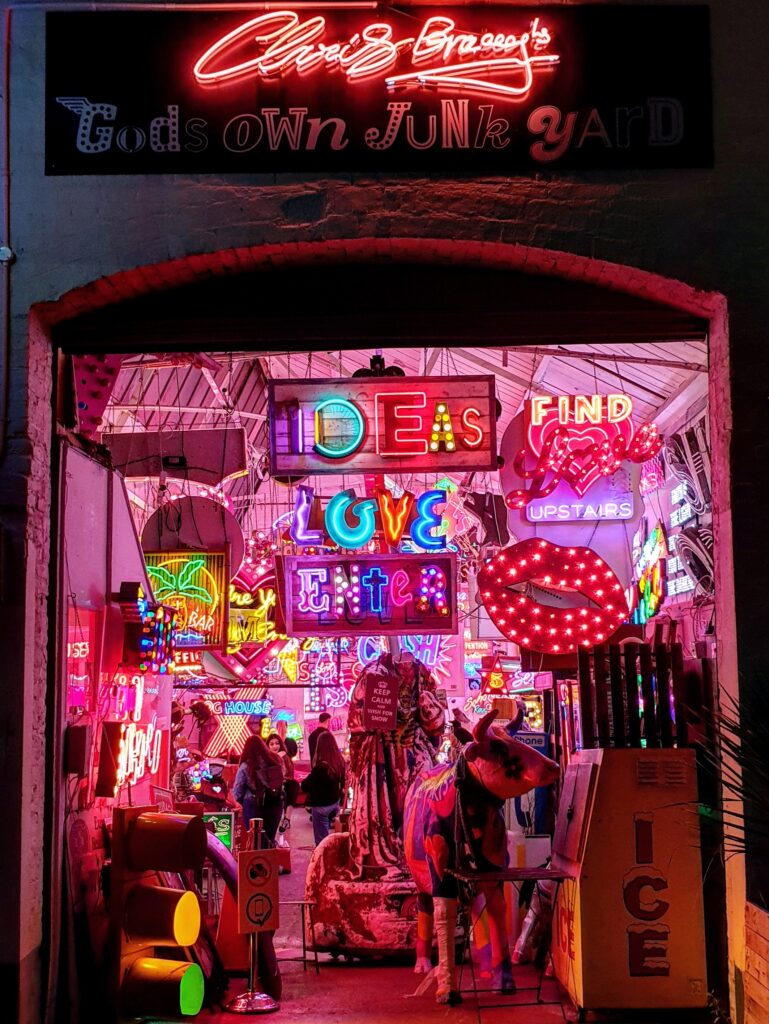 a store front at night