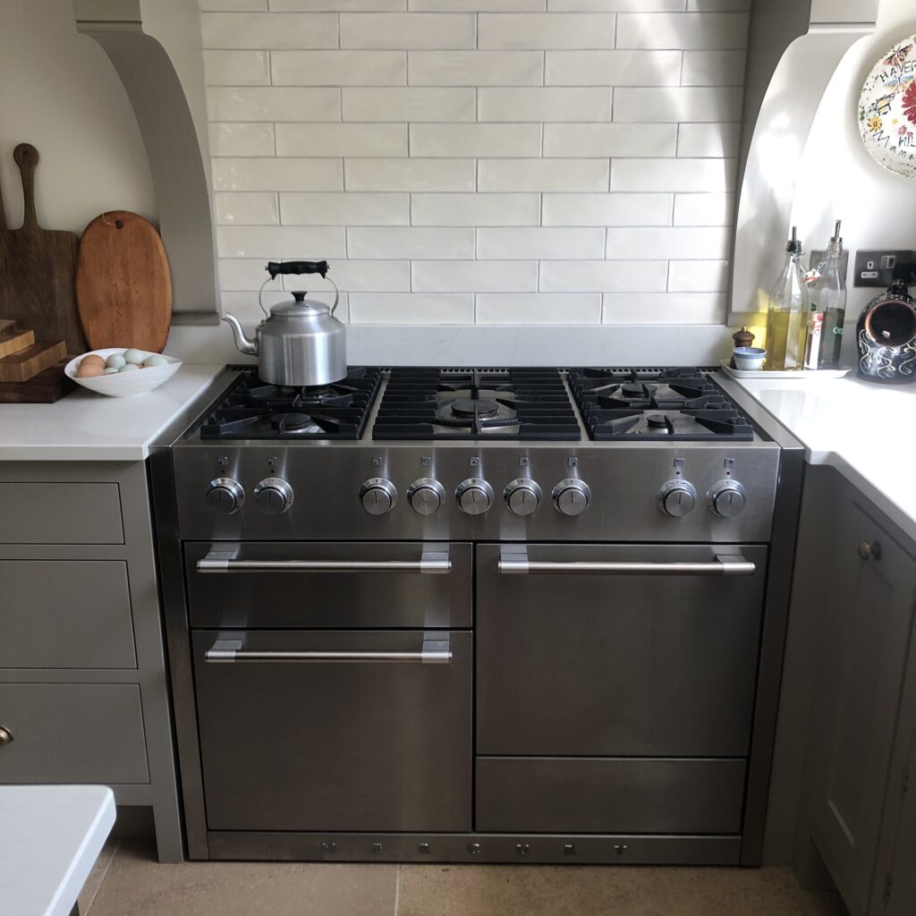 a stove top oven sitting inside of a kitchen