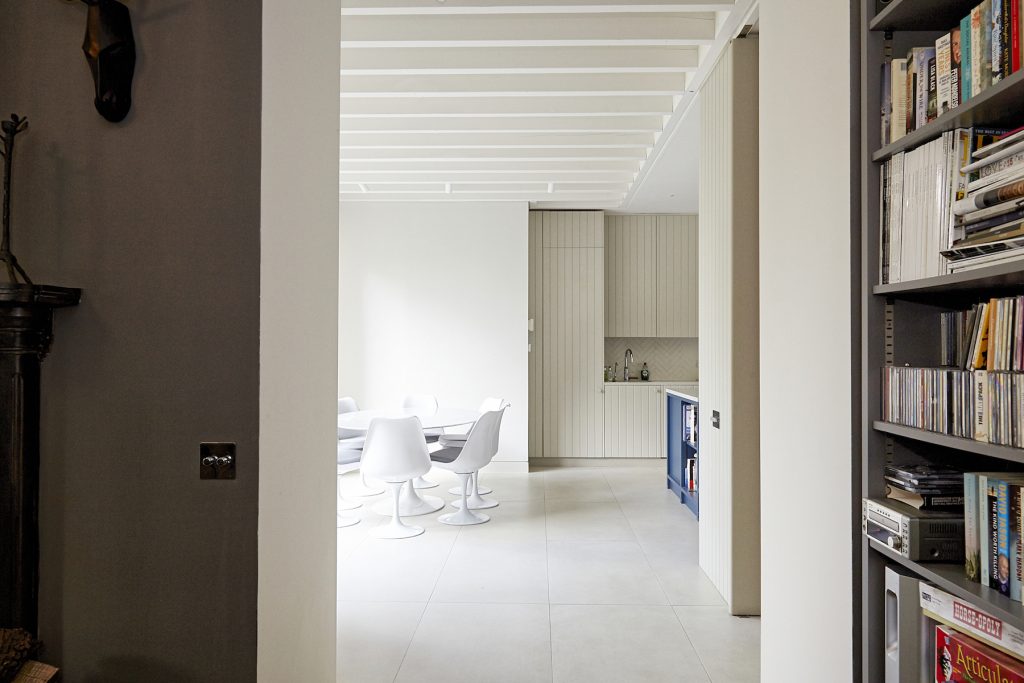 a room with a book shelf