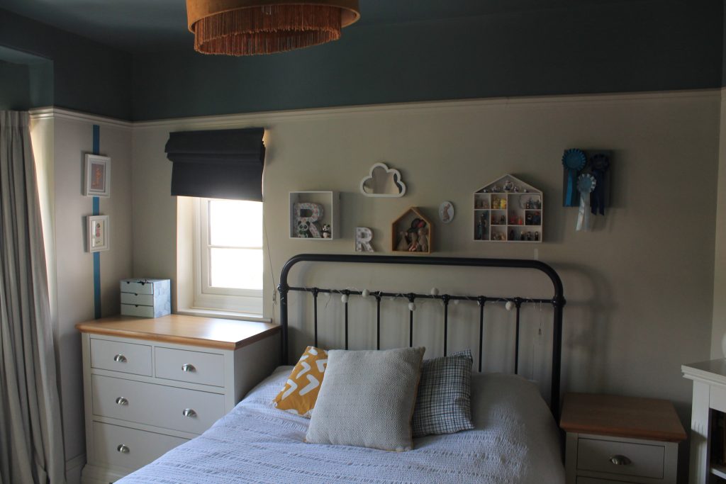 a bedroom with a bed in a room