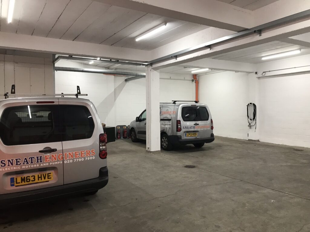 a truck is parked in a garage