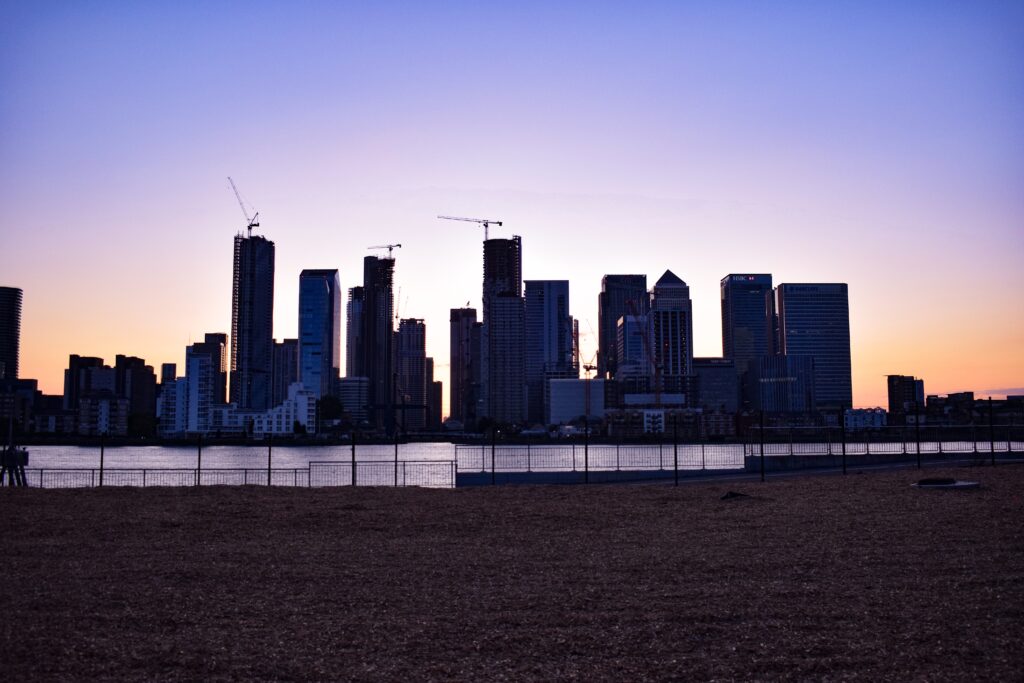 a view of a city at sunset