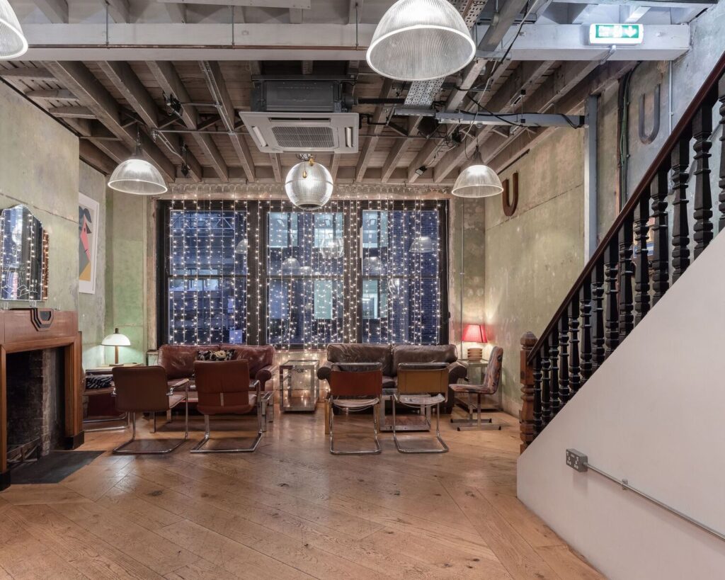 a room filled with furniture and a fireplace