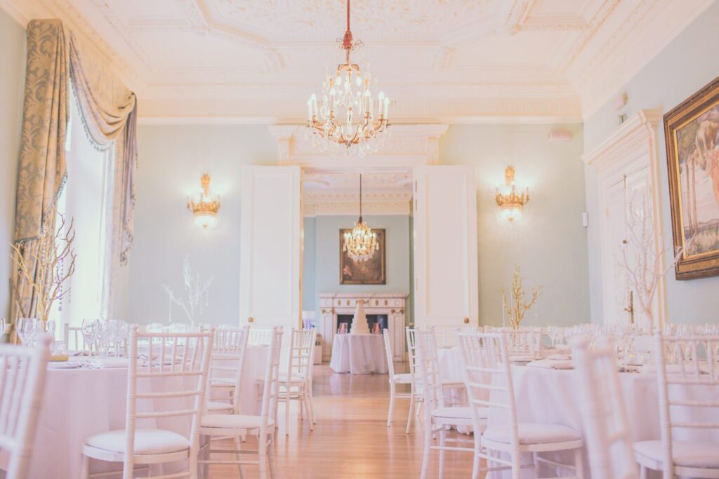 a room filled with furniture and a fireplace