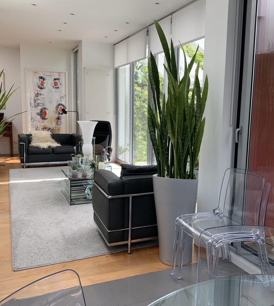 a living room filled with furniture and a large window