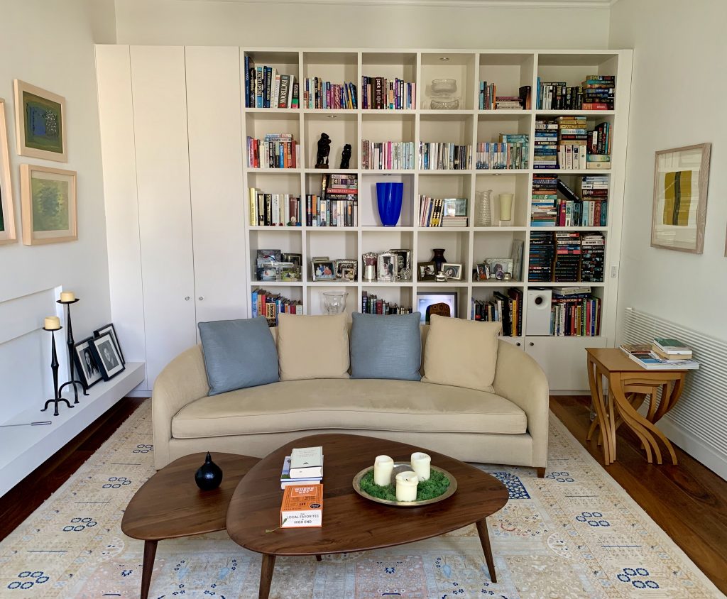 a living room filled with furniture and a book shelf