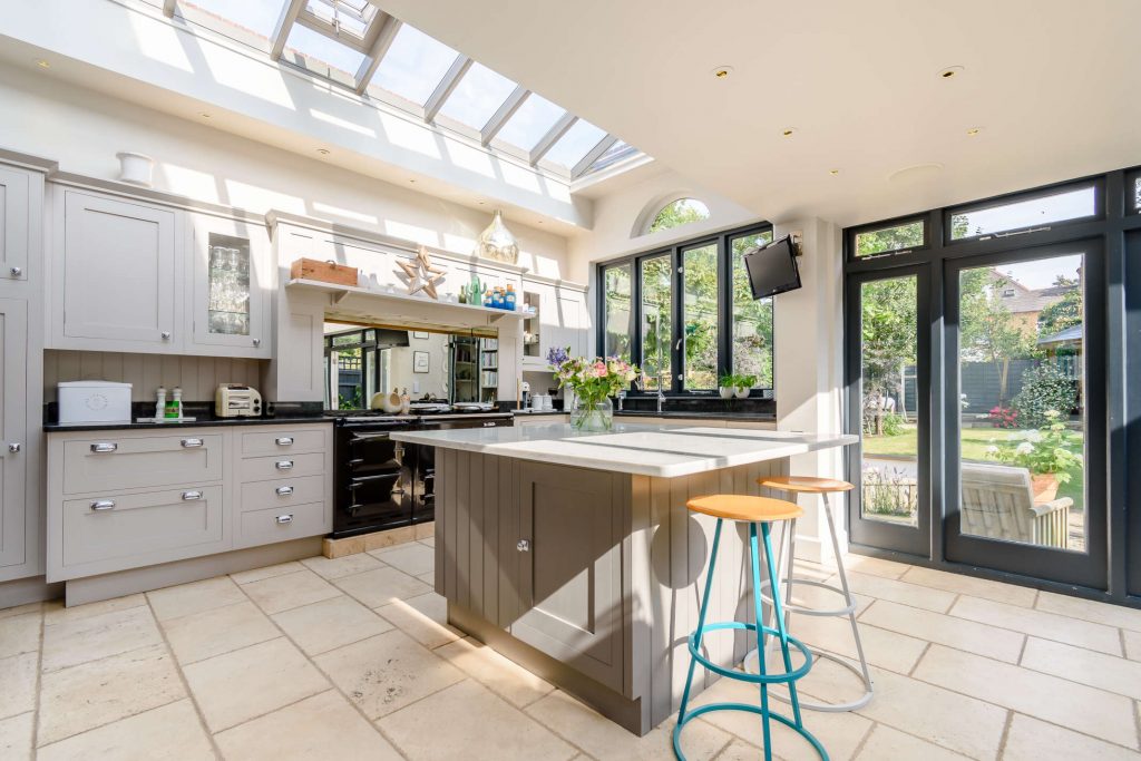 a kitchen with a large window