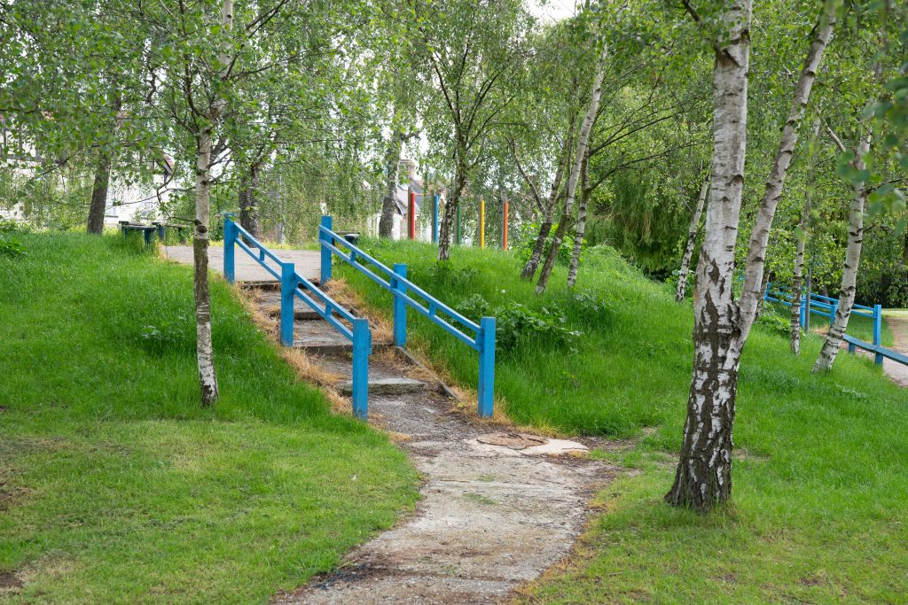 a path with trees on the side of a fence