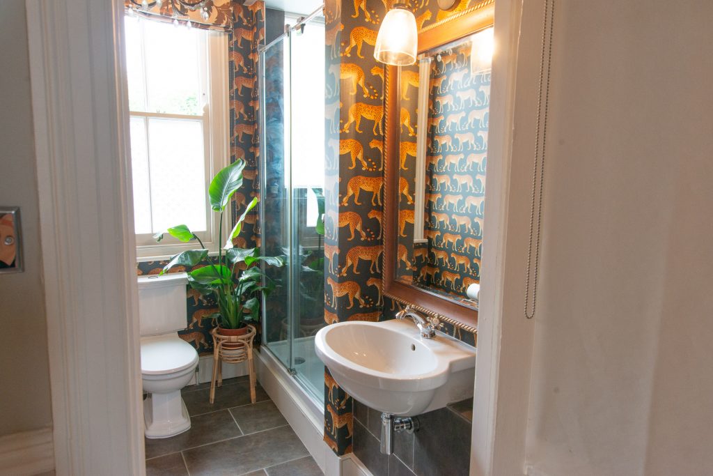 a room with a sink and a window