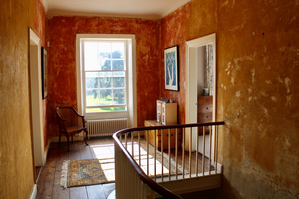 a room with a wooden door