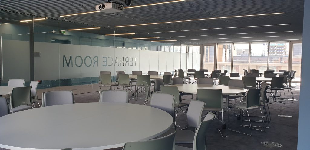 a large room with tables and chairs