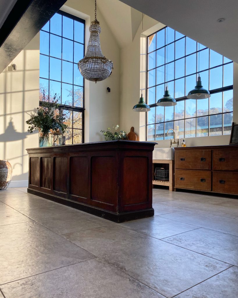 a room with a tile floor