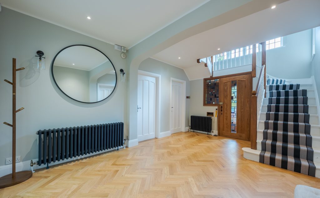 a view of a living room with a wood floor