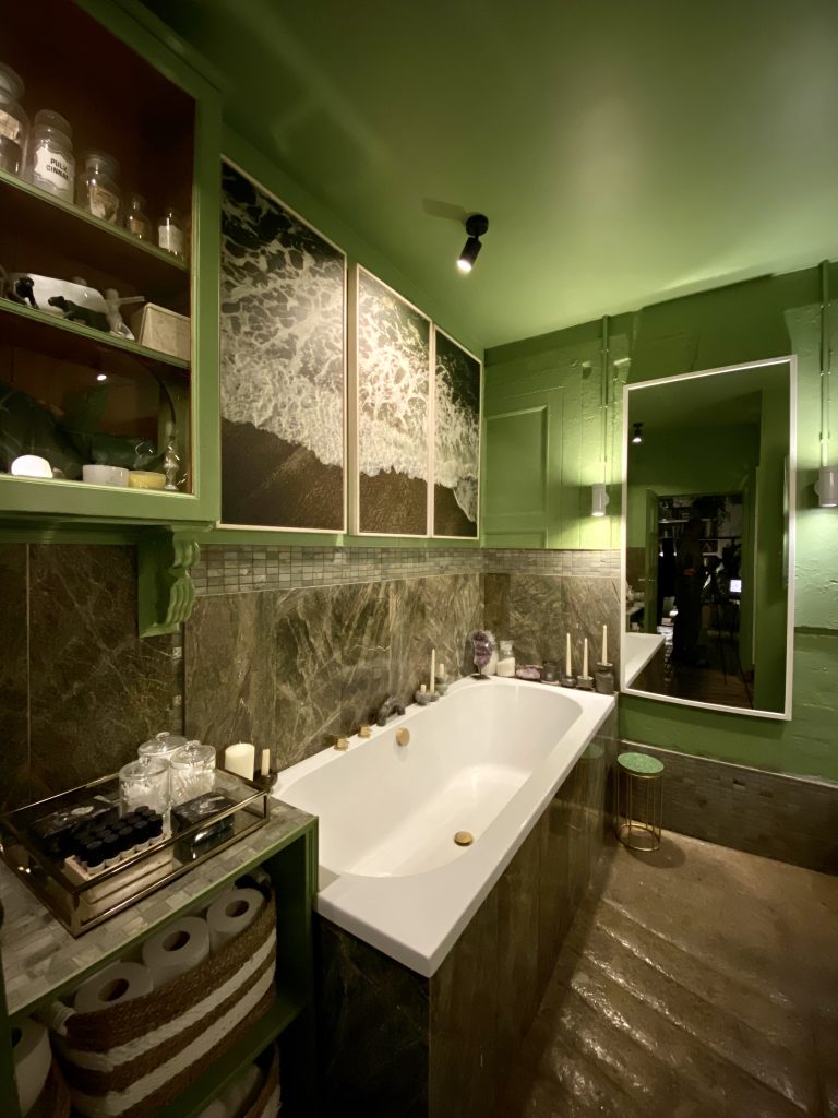 a double sink and large mirror
