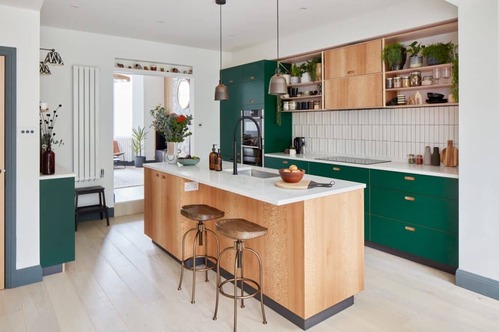 a kitchen with a wood floor