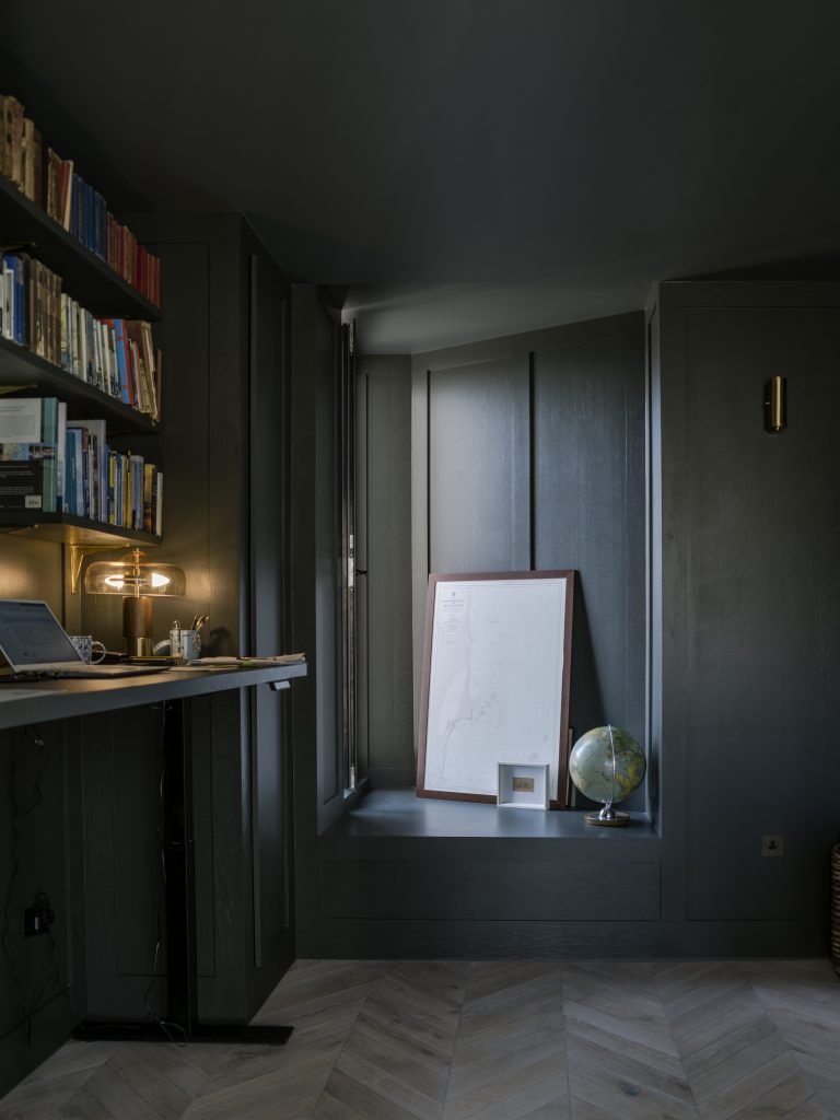 a room with a book shelf