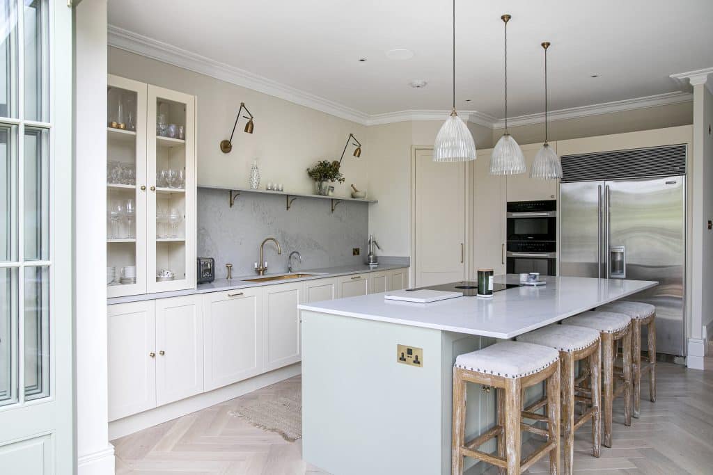 a kitchen with a table in a room