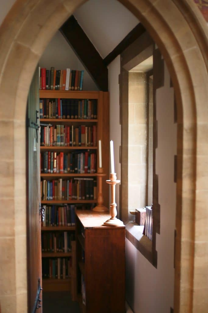 a room with a book shelf