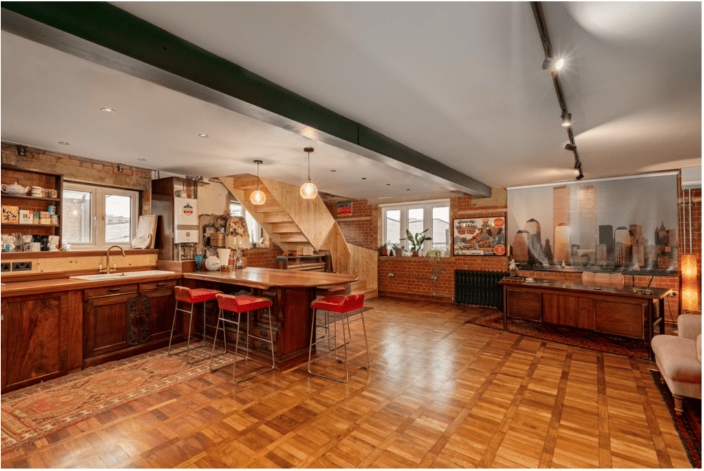 a room filled with furniture and a wood floor