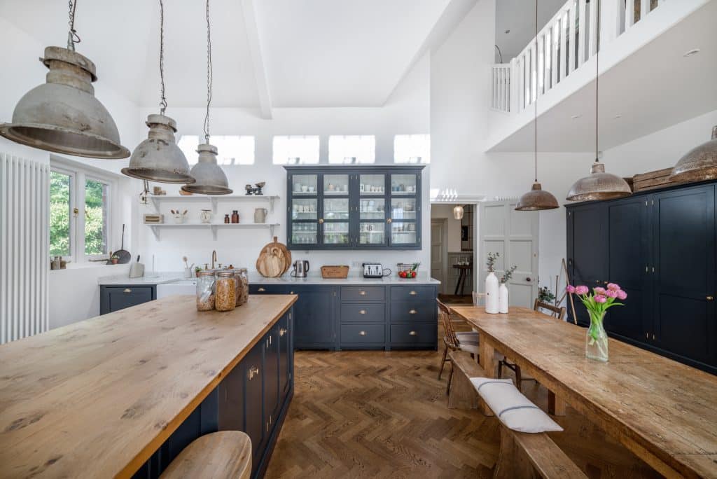a bedroom with a wooden counter