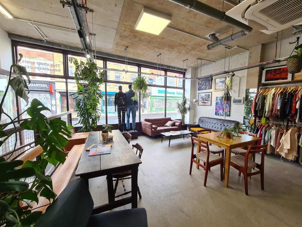 a dining room table in front of a building