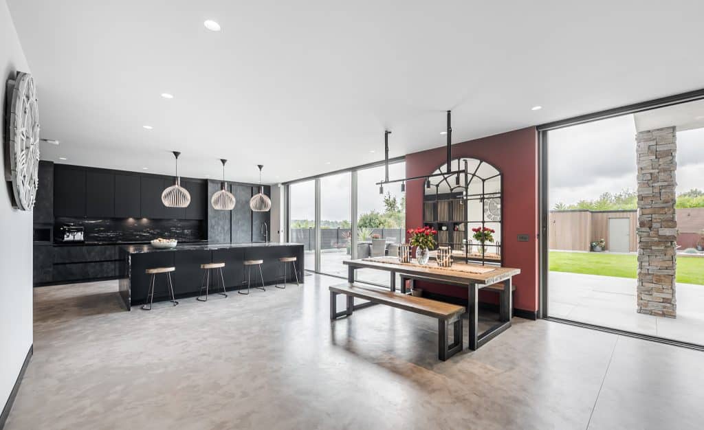 a room filled with furniture and a large building