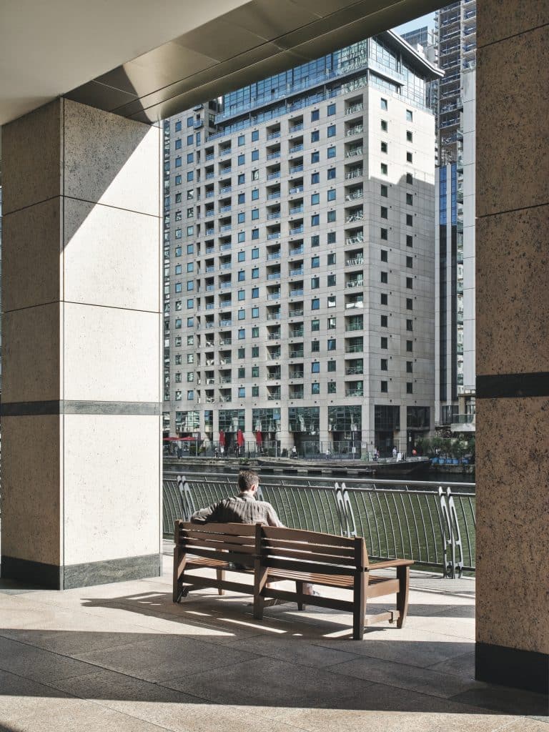 a bench in front of a building