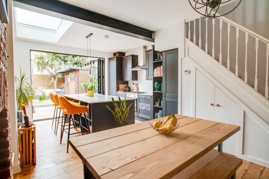 a dining room table in front of a building