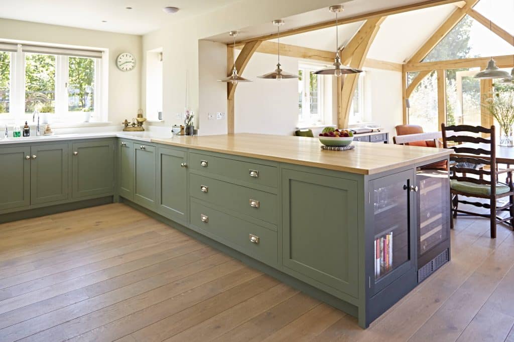 a kitchen with a large window