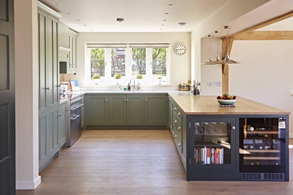 a kitchen with a wood floor