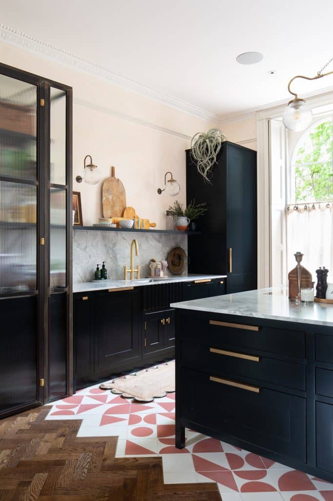 a bedroom with a large mirror