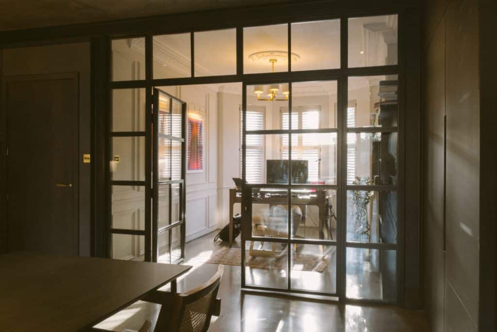 a glass door with a window in a room