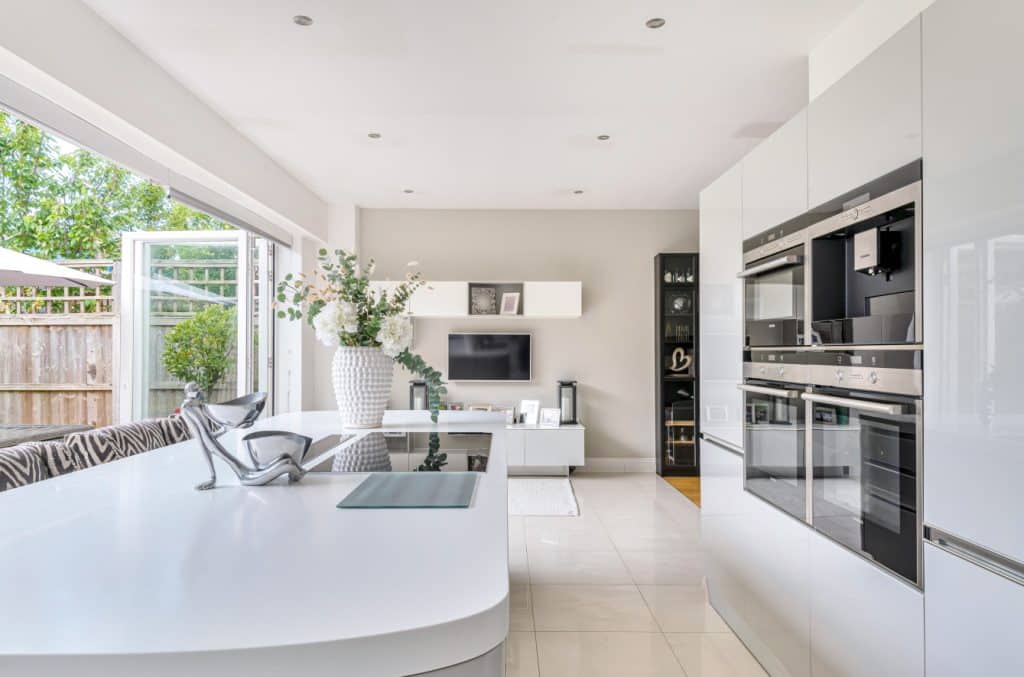 a kitchen with a large window
