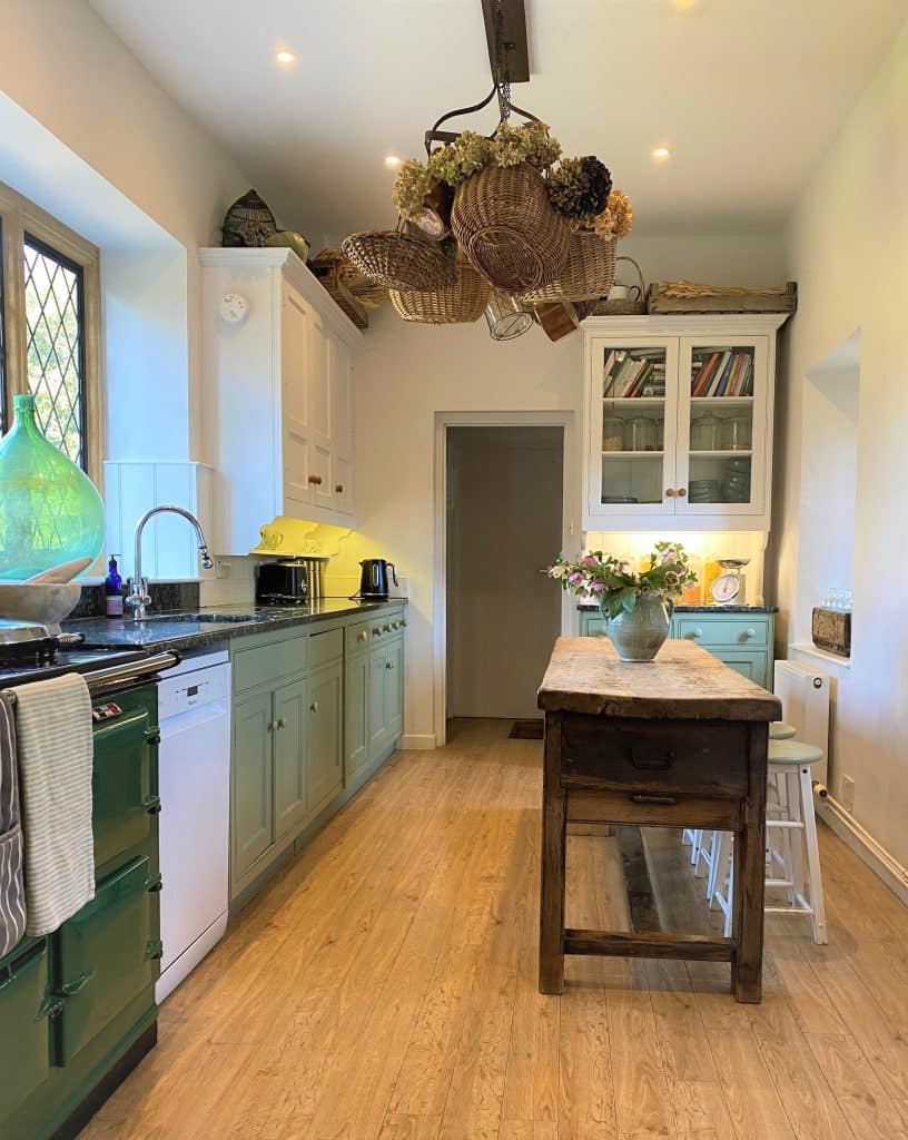 a room filled with furniture and a stove