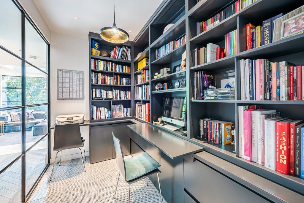 a room with a book shelf