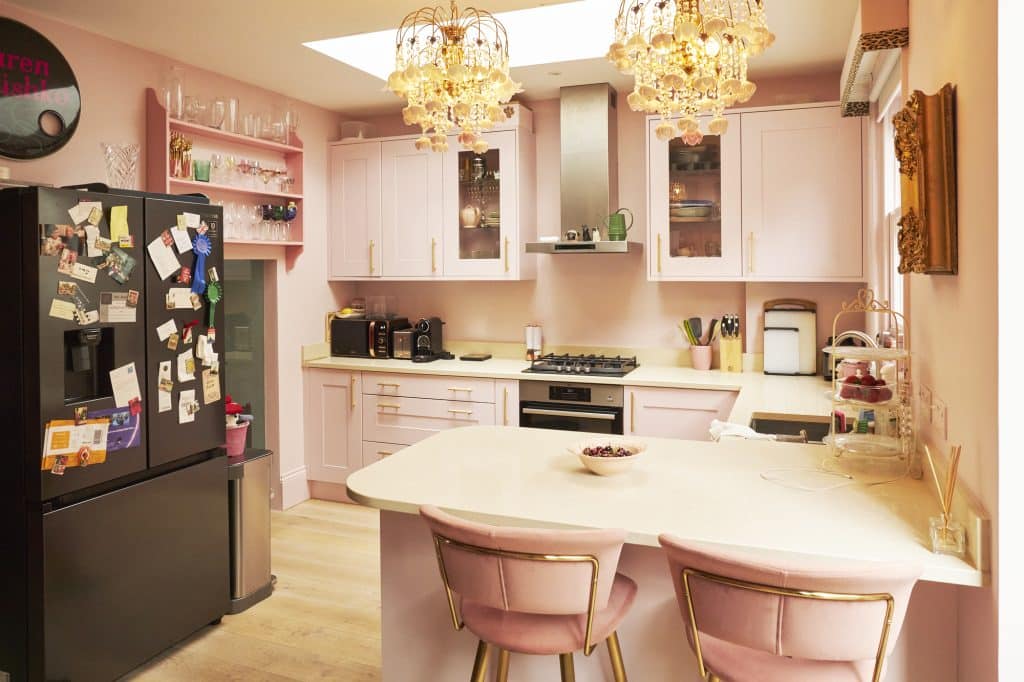 a kitchen with a table in a room