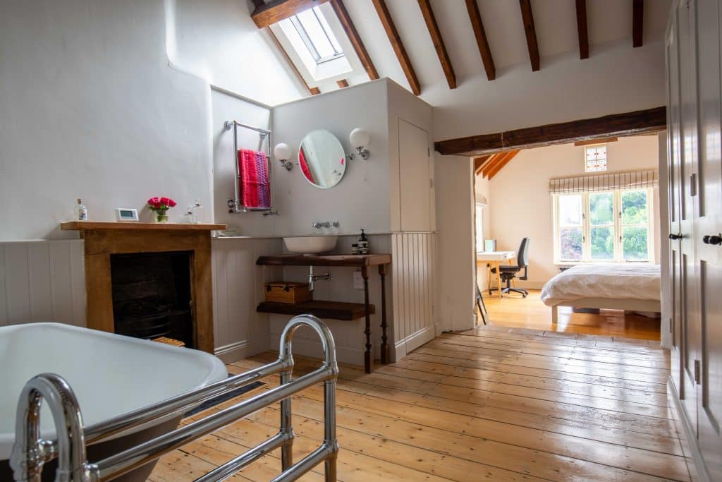 a kitchen with a table in a room