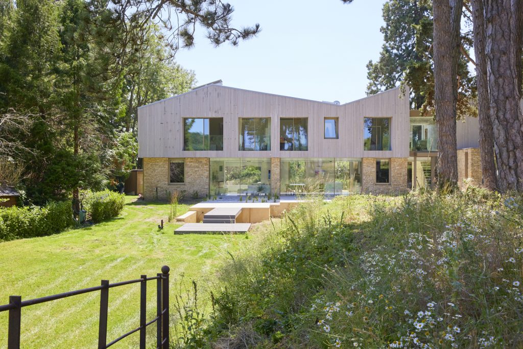 a bench in front of a house