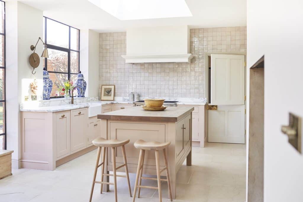 a kitchen with a dining table