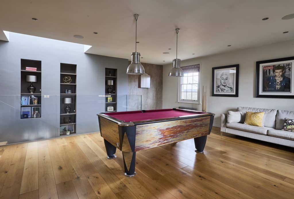a living room with a wood floor