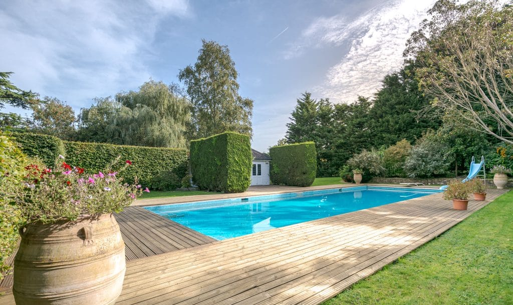a garden with water in the background