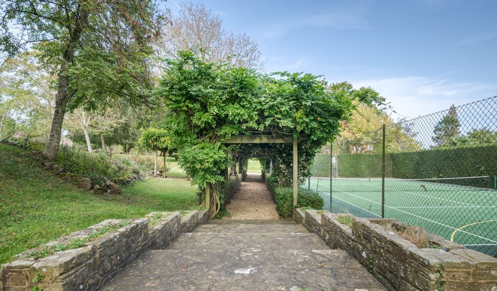 a garden with water in the background
