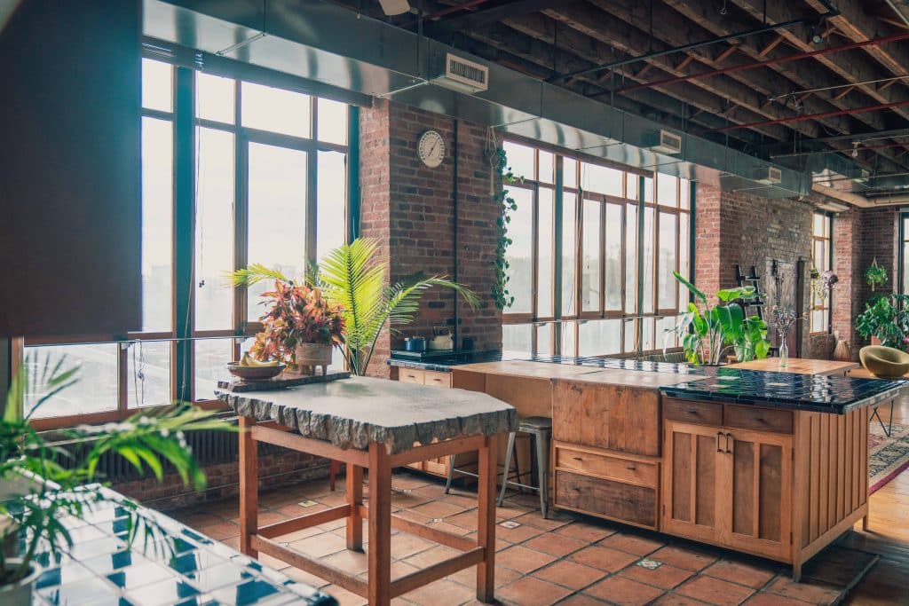 a dining room table in front of a building