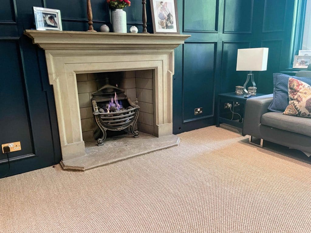 PARK LODGE Oak-blue-panel-real-fireplace-modern-oak-panelling-hearth-TV-filming-location-hire-lodge-London
