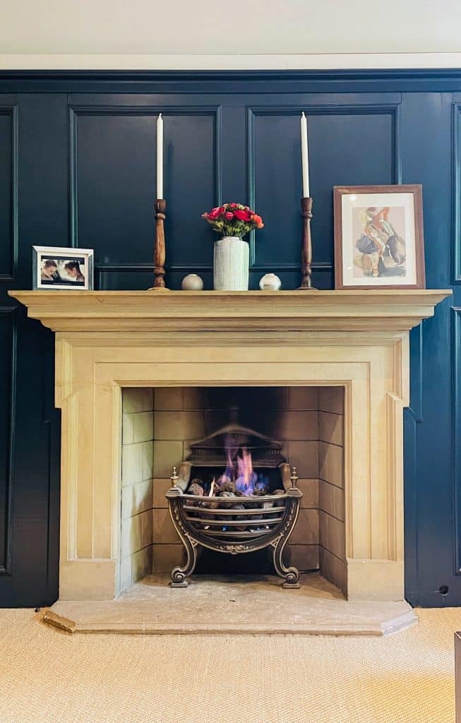 PARK LODGE Oak-panel-blue-real-fireplace-modern-oak-panelling-hearth-TV-filming-location-hire-lodge-London