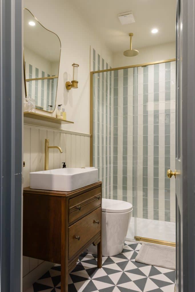 FAIRFAX FAMILY Family home shoot location twickenham Shower Room Striped Tiles
